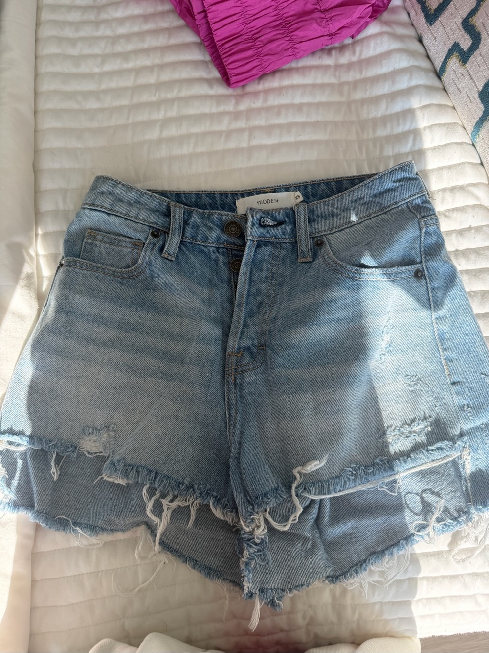 Light Wash Distressed High-Rise Jean Shorts - Hidden